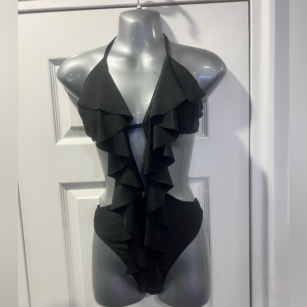Black Ruffled Halter Swimsuit